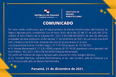COMUNICADO. PANAMÁ, 21 DE DICIEMBRE DE 2021.